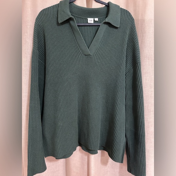Gap Relaxed 24/7 Split-Hem Johnny Collar Sweater Dark Green Size L - Picture 2 of 9